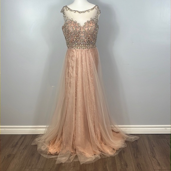 Tony Bowls Evenings Long Beaded Lace and Tulle Dress Gown - Picture 4 of 17